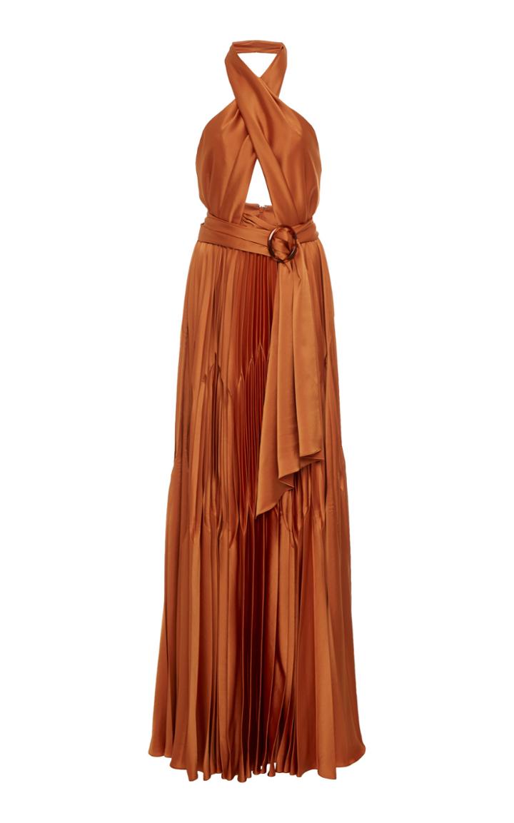 Moda Operandi Burnett New York Pleated Charmeuse Belted Halter Gown Size: 0