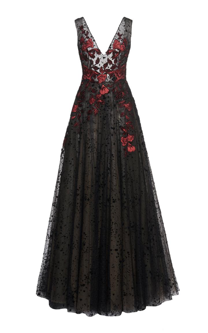 Costarellos Sheer V Neck Gown