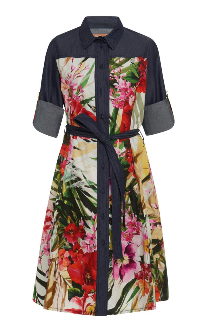 Blumarine Floral Printed Denim Shirt Dress