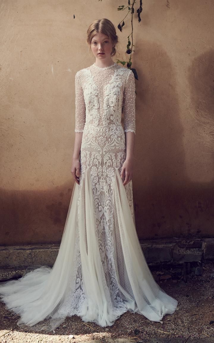 Costarellos Bridal Mesh Bodice Edging Embroidered Tulle Long Godet Dress