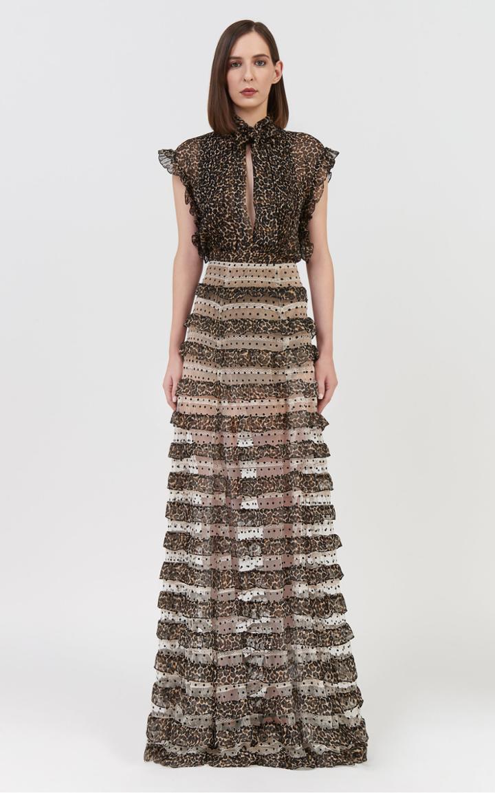 Moda Operandi Costarellos Ivette Leopard-trimmed Dotted-flocked Tulle Maxi Skirt