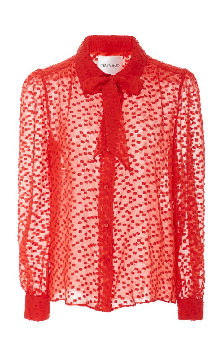 Carmen March Pussy-bow Flocked Cotton-blend Blouse