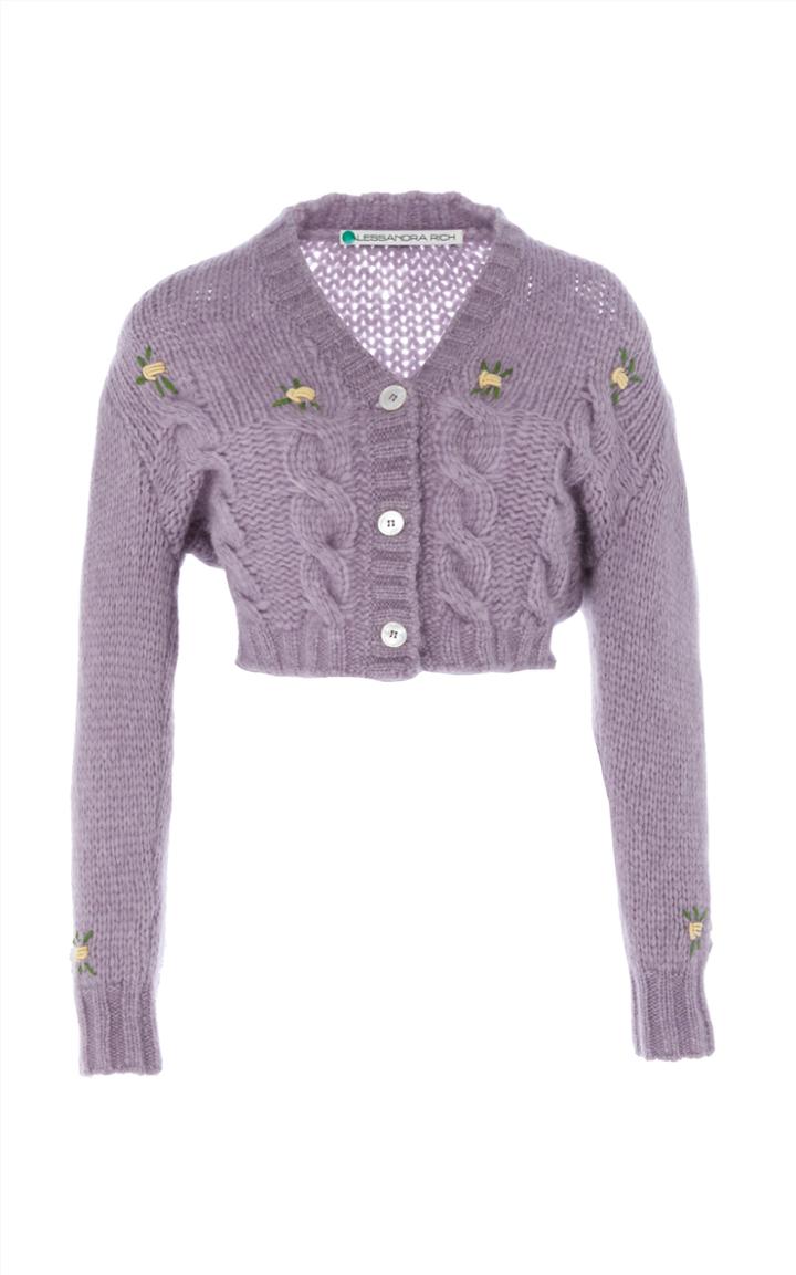 Alessandra Rich Floral Appliqu Cropped Wool Cardigan