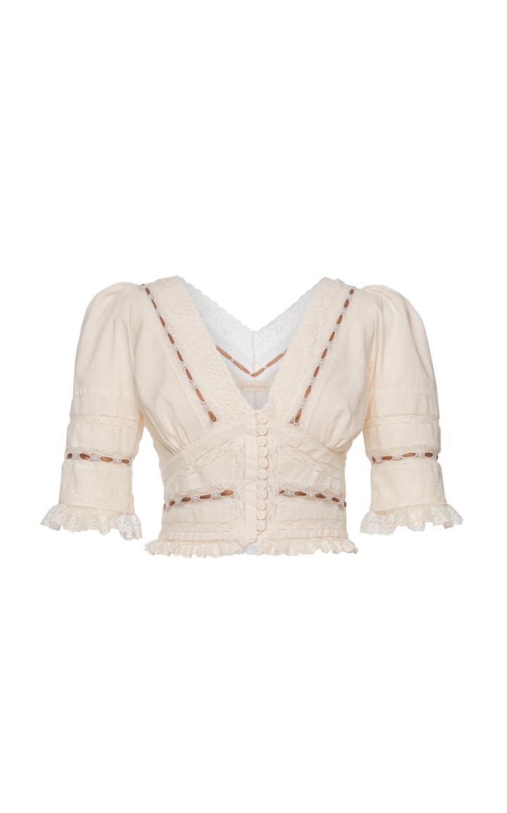 Moda Operandi Lena Hoschek Pralin Ribbon And Lace-trimmed Cotton Crop Top