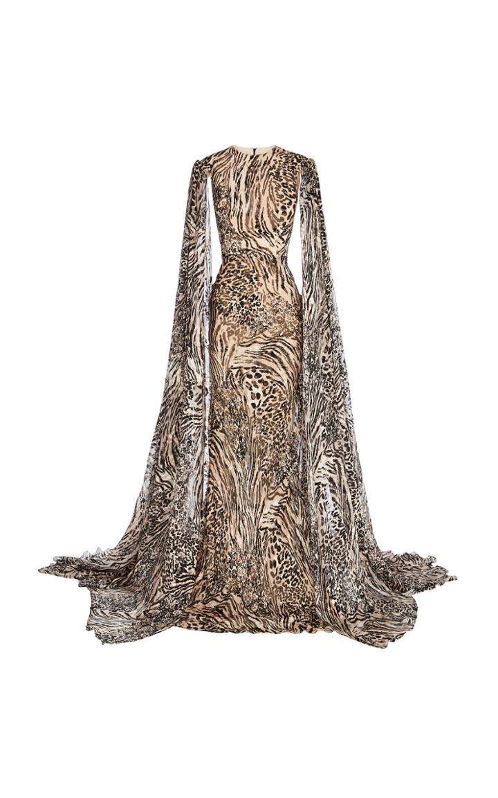 Alex Perry Alex Snow Leopard Print Chiffon Cape Gown
