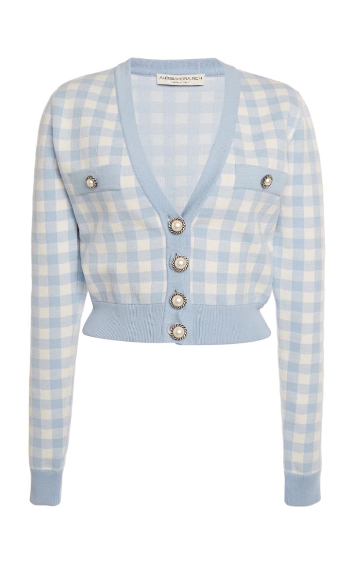 Moda Operandi Alessandra Rich Gingham Cotton Knitted Cropped Cardigan