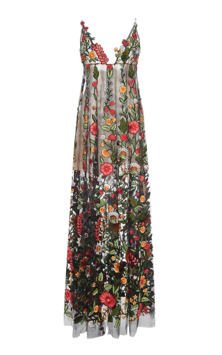 Oscar De La Renta Embroidered Mesh Overlay Strap Gown