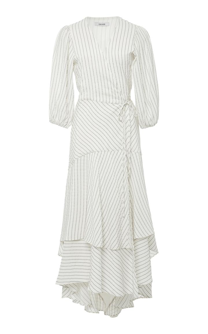 Ganni Wilkie Seersucker Silk And Cotton-blend Wrap Dress