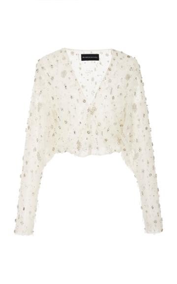 Brandon Maxwell Crystal Embroidered Wrap Blouse