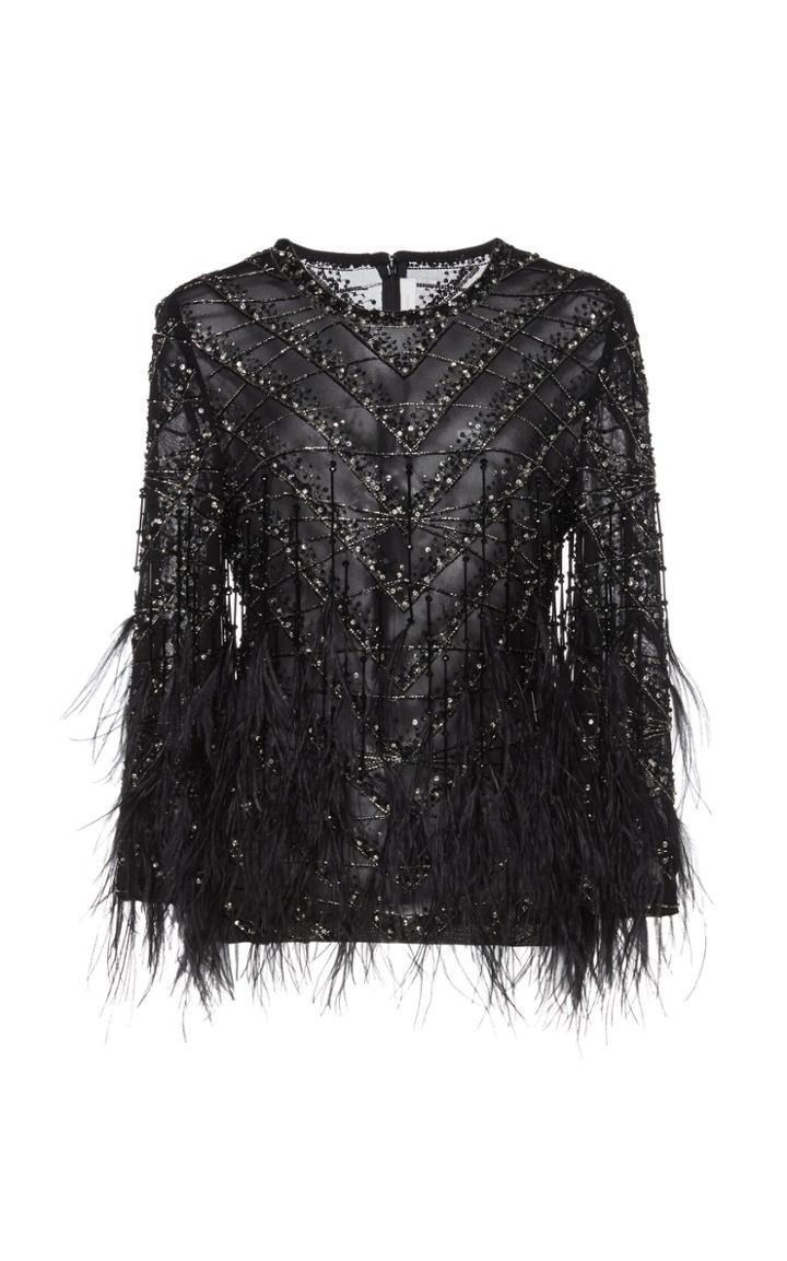 Naeem Khan Feather-trim Sequined Mesh Blouse