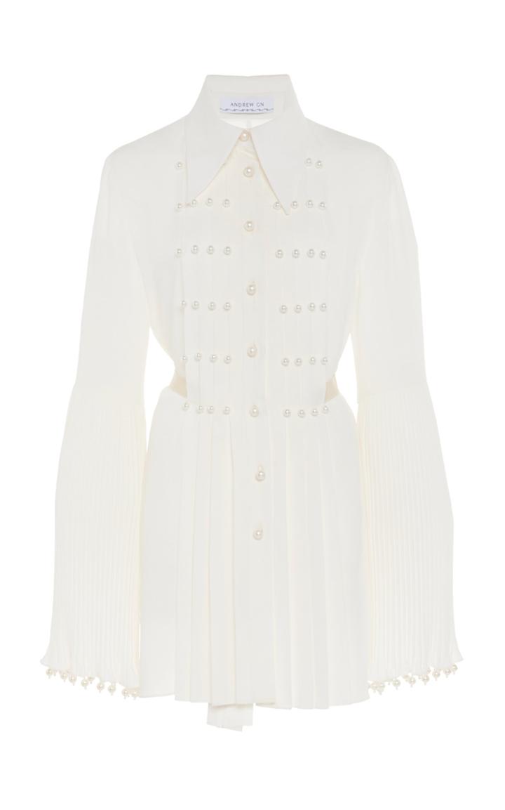 Moda Operandi Andrew Gn Pearl-embellished Pleated Silk Top