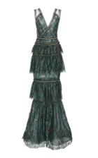 Pamella Roland Metallic Tiered Lace Gown