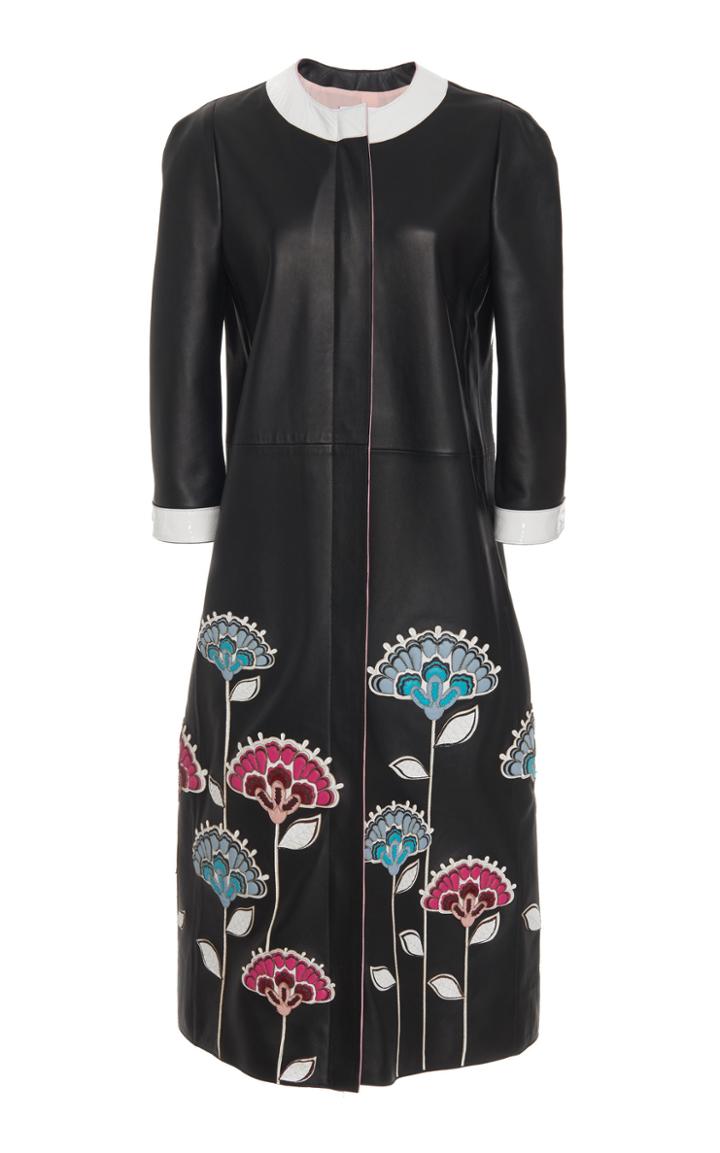 Carolina Herrera Leather Embroidered Crew Neck Coat