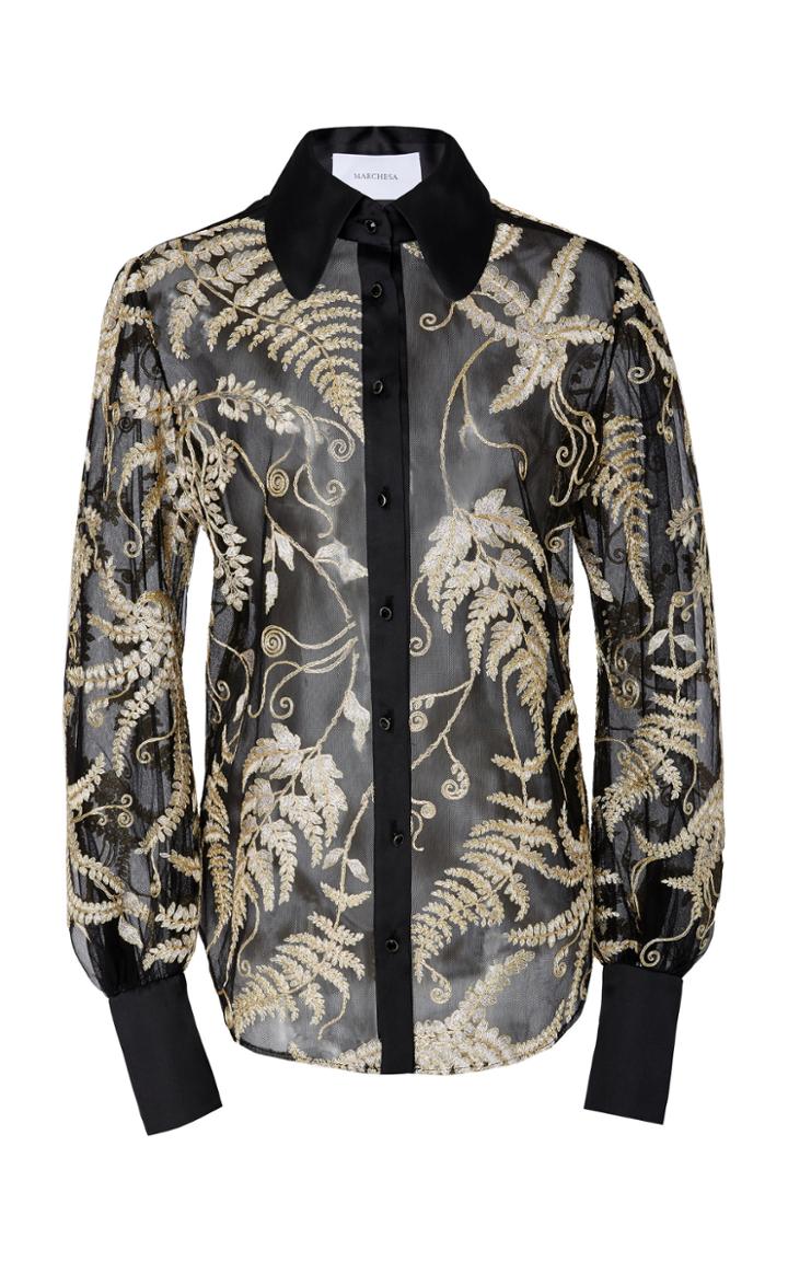 Marchesa Embroidered Chiffon Long Sleeve Top
