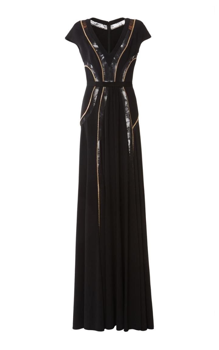 Elie Saab Cap Sleeve Lace Inset Sable Dress