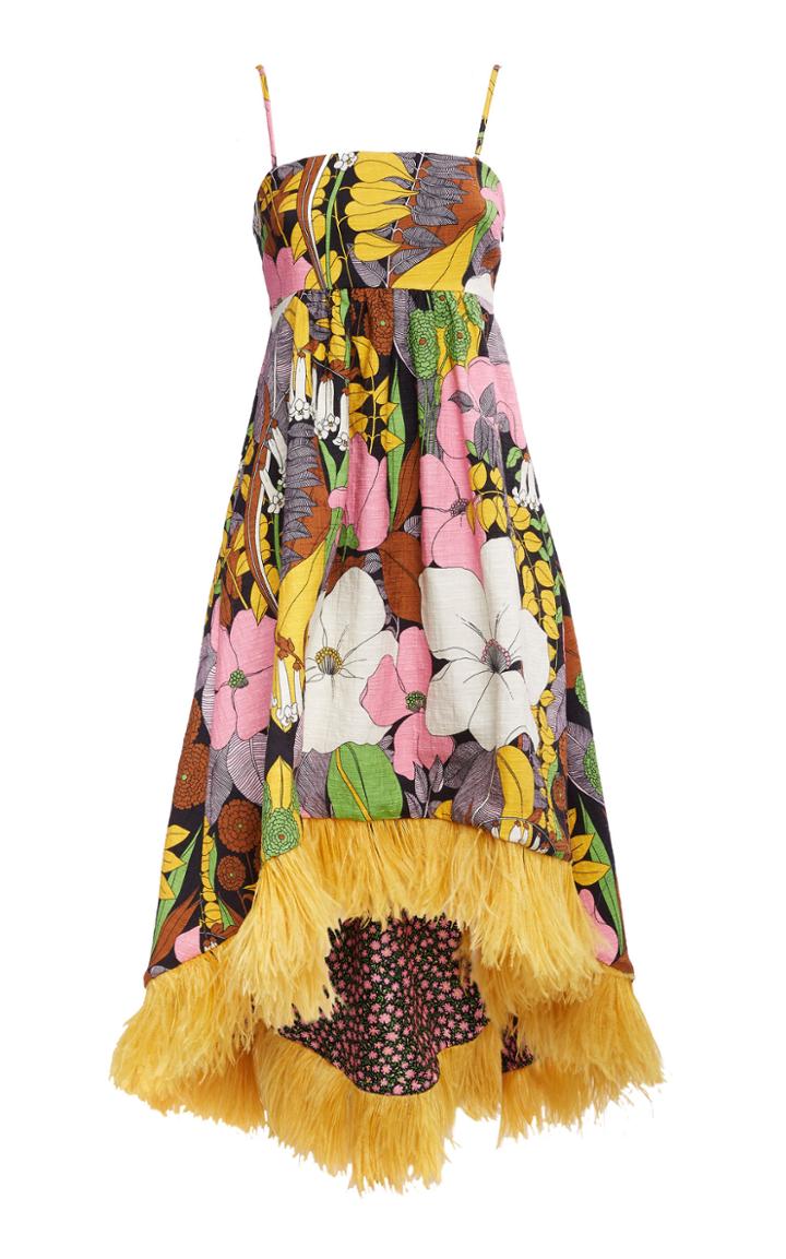 Moda Operandi La Doublej La Scala Floral Feather-trimmed Midi Dress Size: Xs