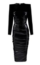 Alex Perry Hart Ruched Vinyl Midi Dress With Velvet Long Sleeves