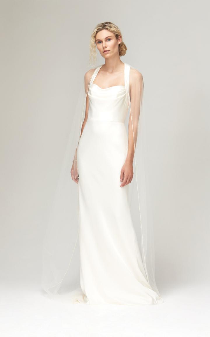 Savannah Miller Astrid Cowl Neck Halter Gown With Train