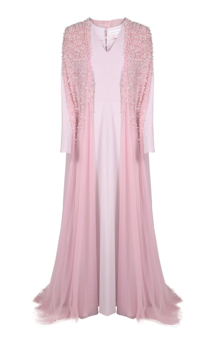 Shatha Essa Rose Long Sleeve Gown With Embellished Cape