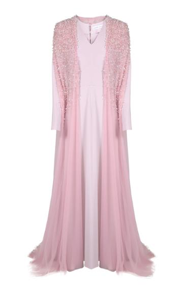 Shatha Essa Rose Long Sleeve Gown With Embellished Cape