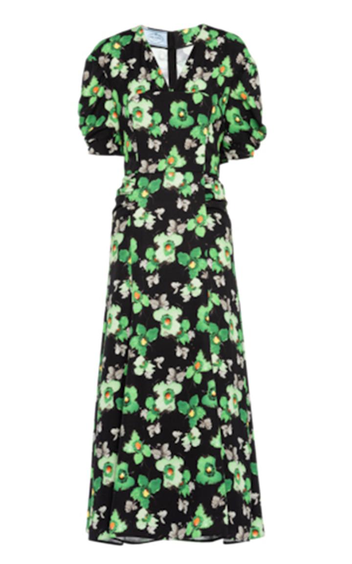 Moda Operandi Prada Floral Satin Sable Midi Dress