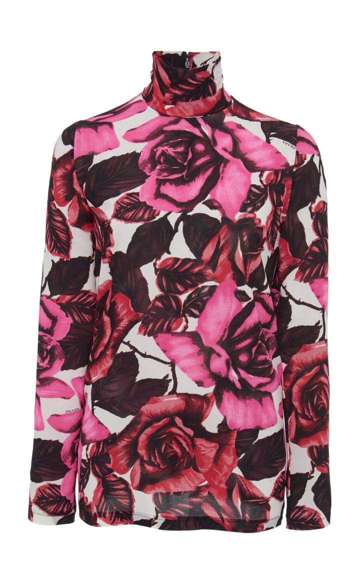 Prada Floral-print Georgette Turtleneck Top Size: 36