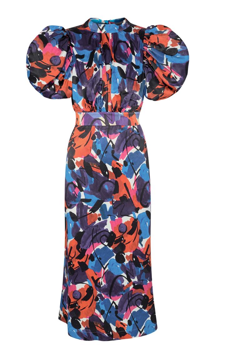Moda Operandi Rotate Dawn Puff-sleeve Printed Crepe De Chine Midi Dress