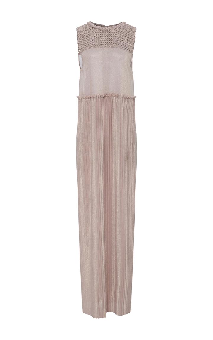 Anna Sammarone Metallic Pleated Maxi Dress With Crochet
