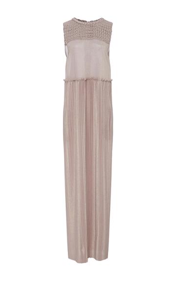 Anna Sammarone Metallic Pleated Maxi Dress With Crochet
