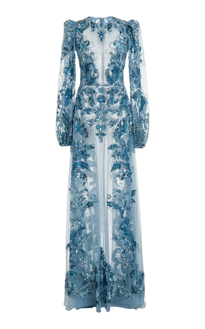 Moda Operandi Zuhair Murad Astor Embroidered Tulle Long Sleeve Gown