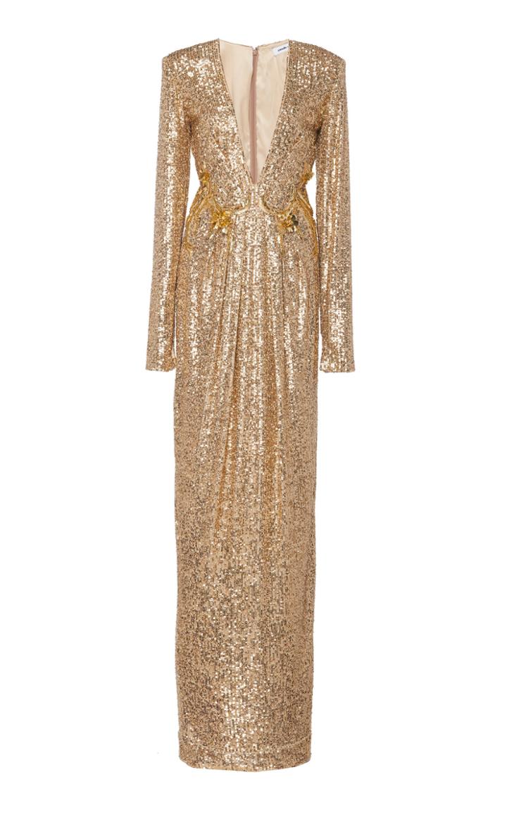 Pamella Roland Sequined Metallic V-neck Gown