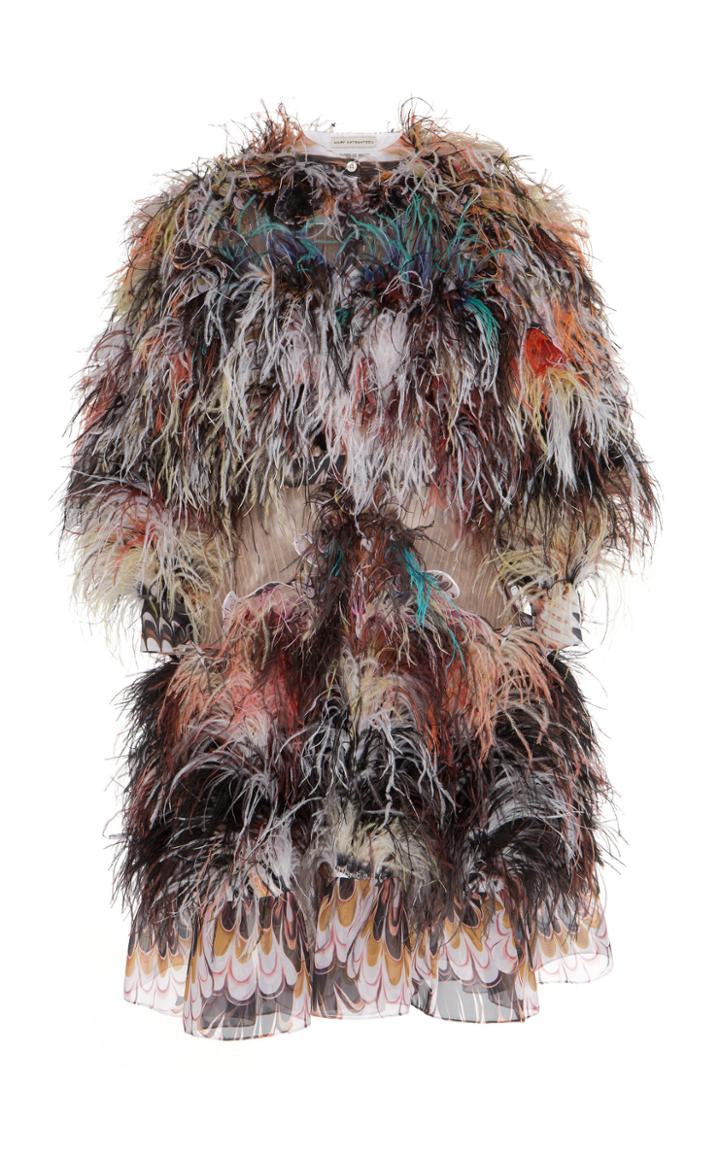 Mary Katrantzou Feather-trimmed Marbled Voile Gown