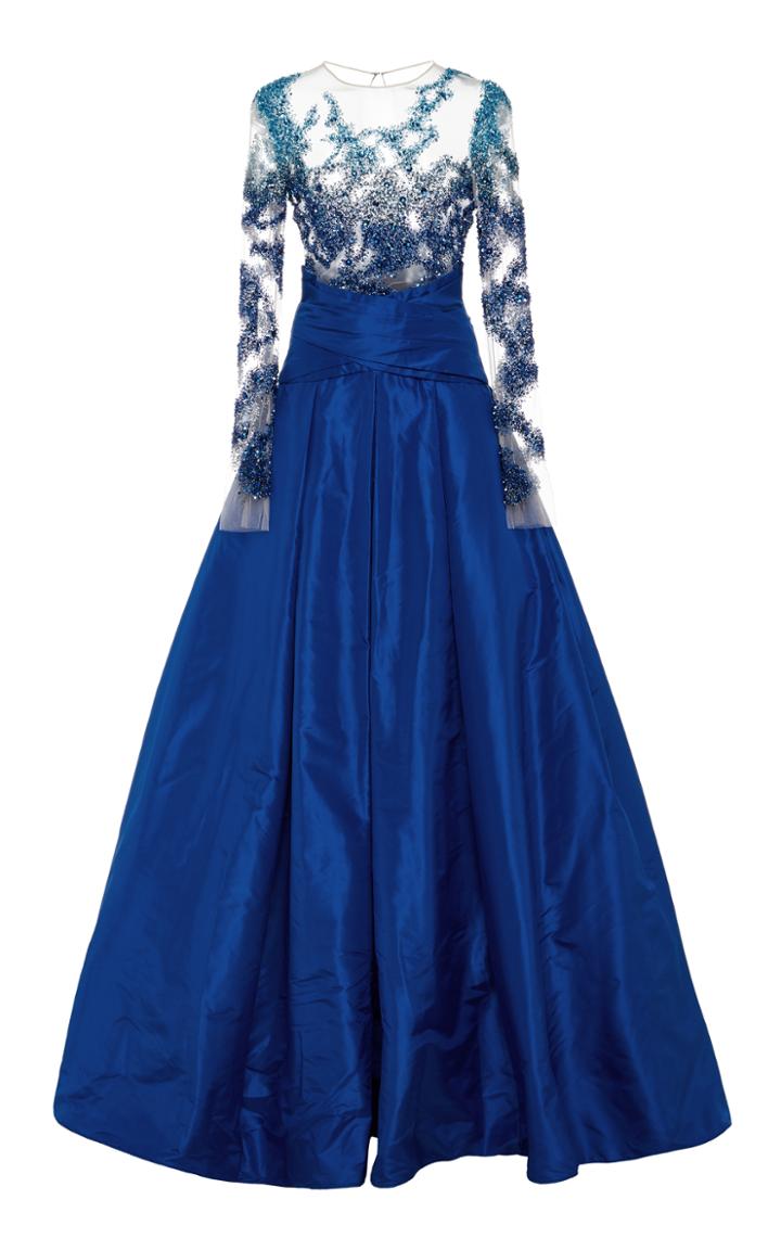 Pamella Roland Pleated Taffeta Gown With Crystal Embroidered Bodice
