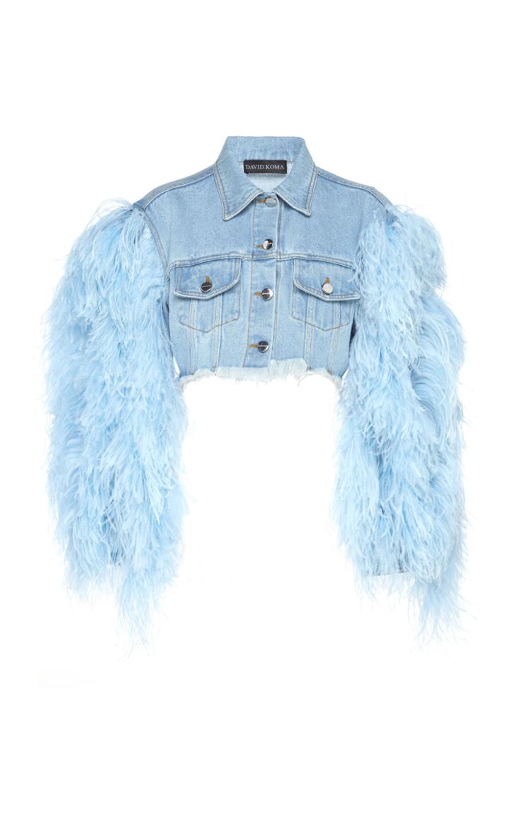 David Koma Feather-sleeve Cropped Denim Jacket