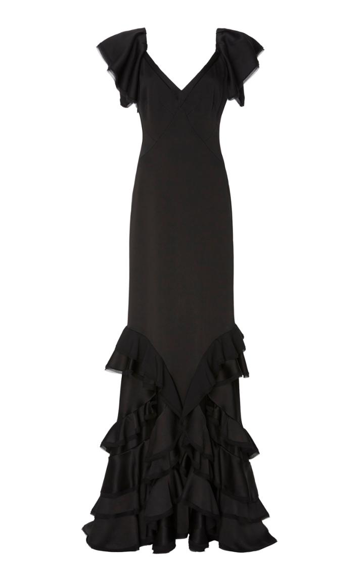 Zac Posen Satin Crepe V Neck Ruffle Gown