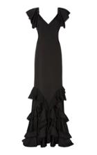 Zac Posen Satin Crepe V Neck Ruffle Gown
