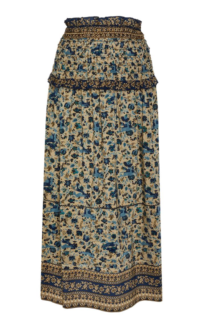 Sea Smocked Silk Midi-skirt