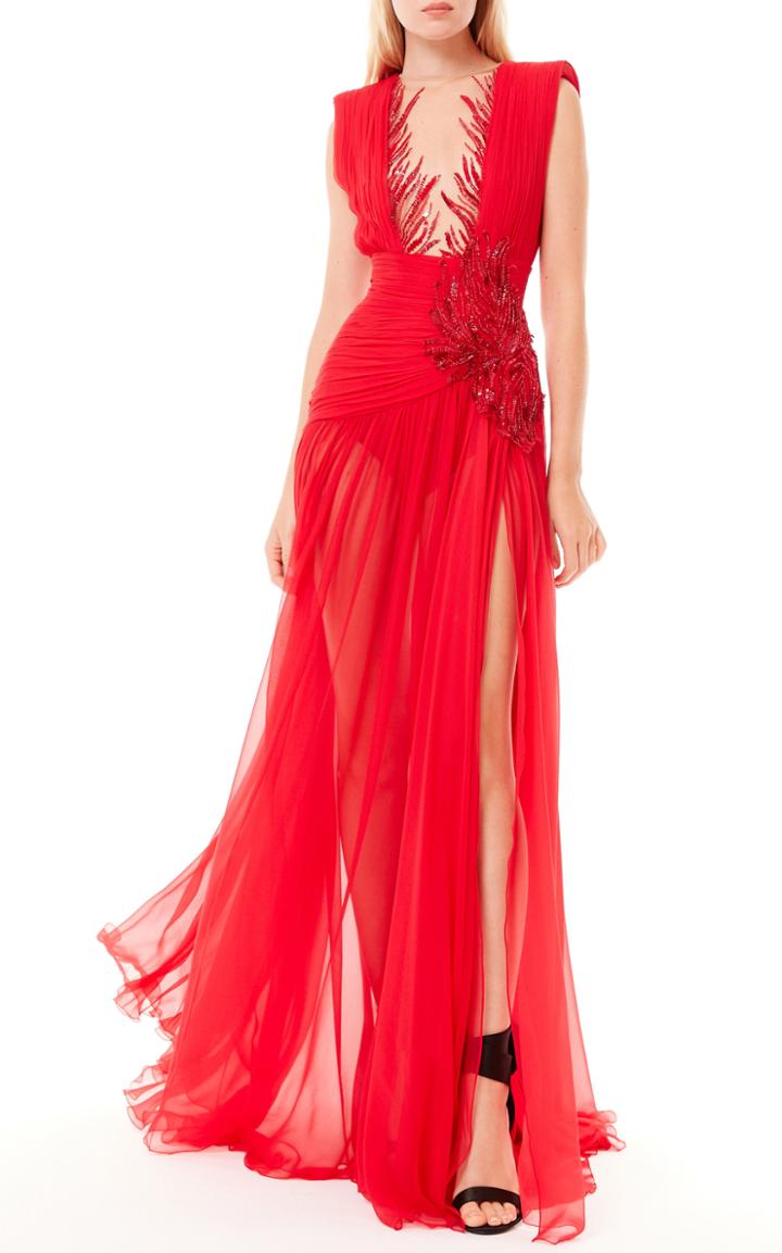 Moda Operandi Zuhair Murad Leg Slit Embroidered Silk Dress