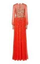 Monique Lhuillier Tulle Embroidered Bishop Sleeve Gown + Scarf