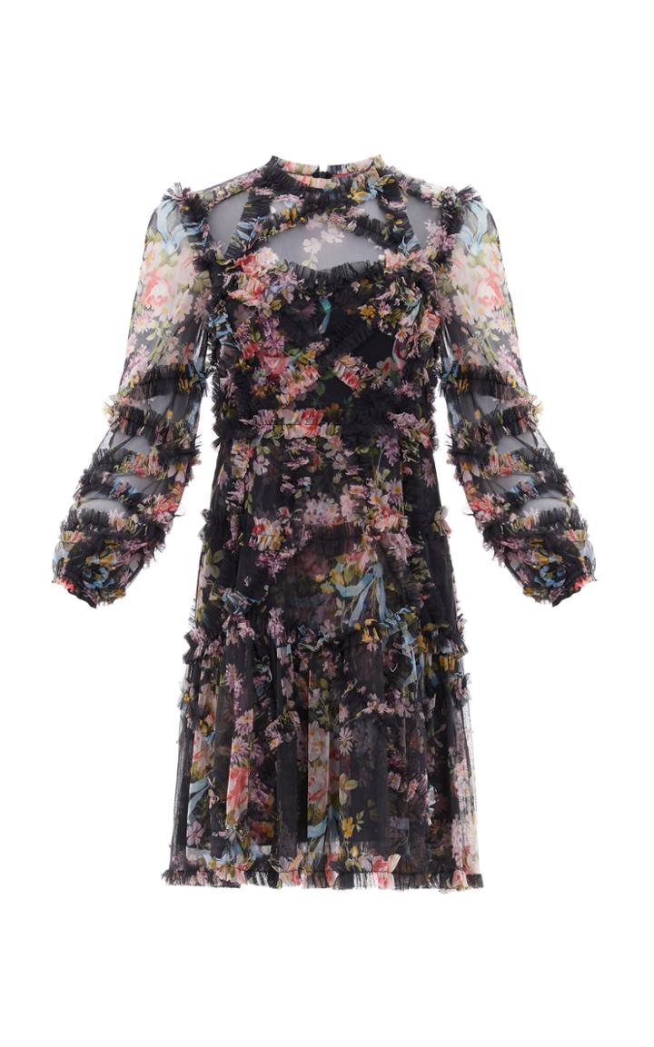 Needle & Thread Floral-print Ruffled Tulle Mini Dress