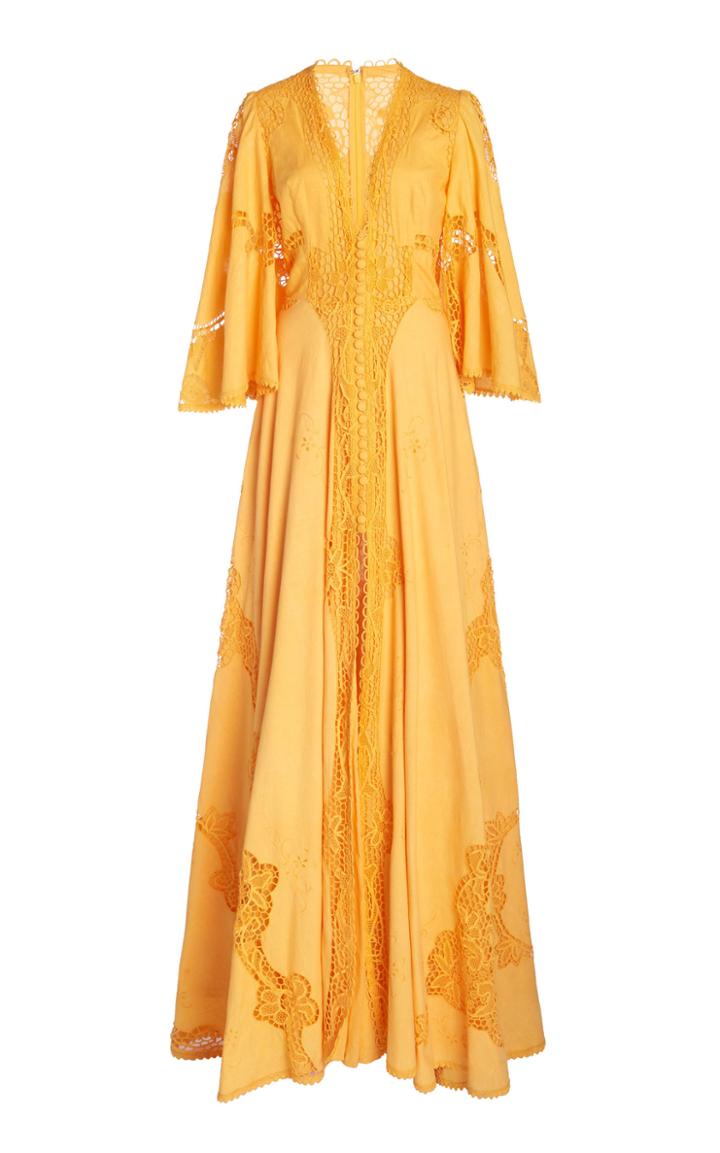 Moda Operandi Costarellos Bessa Belted Lace-detailed Linen-cotton Gown