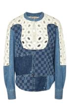 Sea Blue Flocked Cotton And Lace Top