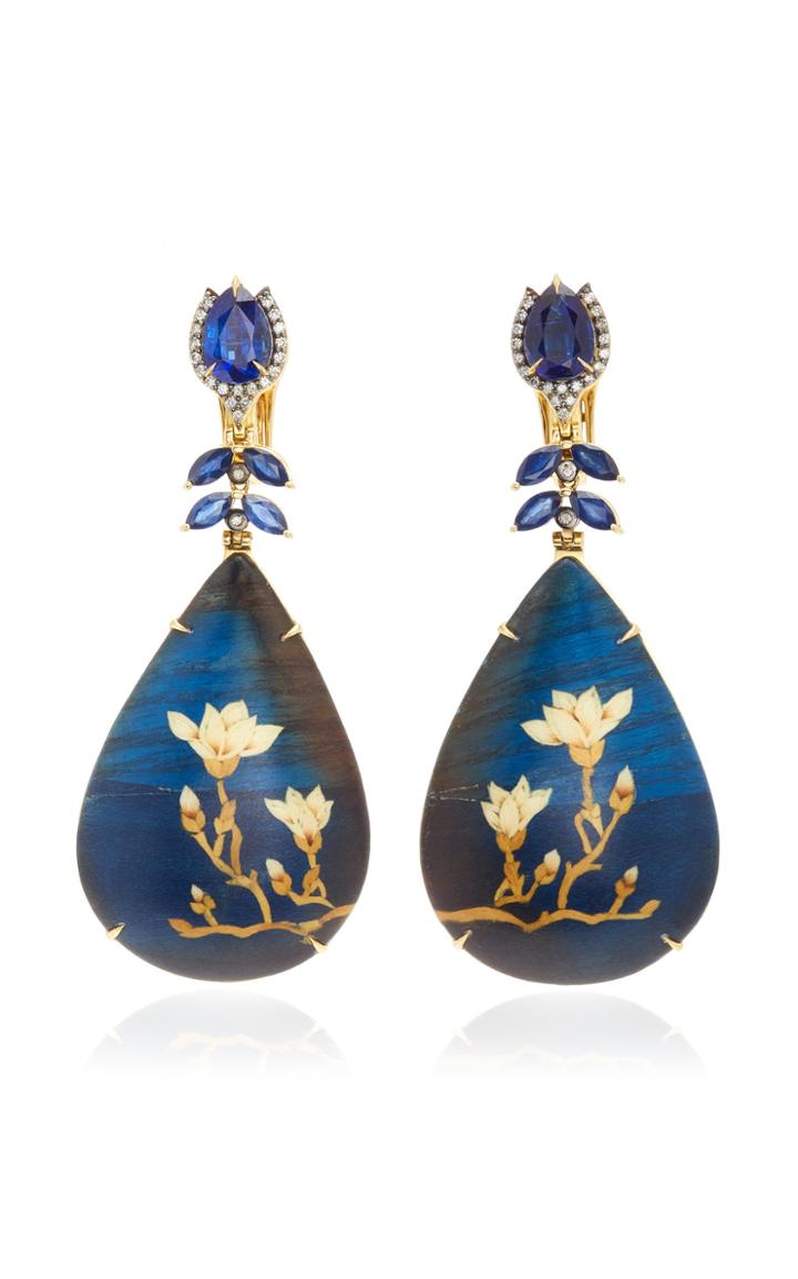 Silvia Furmanovich Marquetry White Magnolia On Blue Teardop Earrings