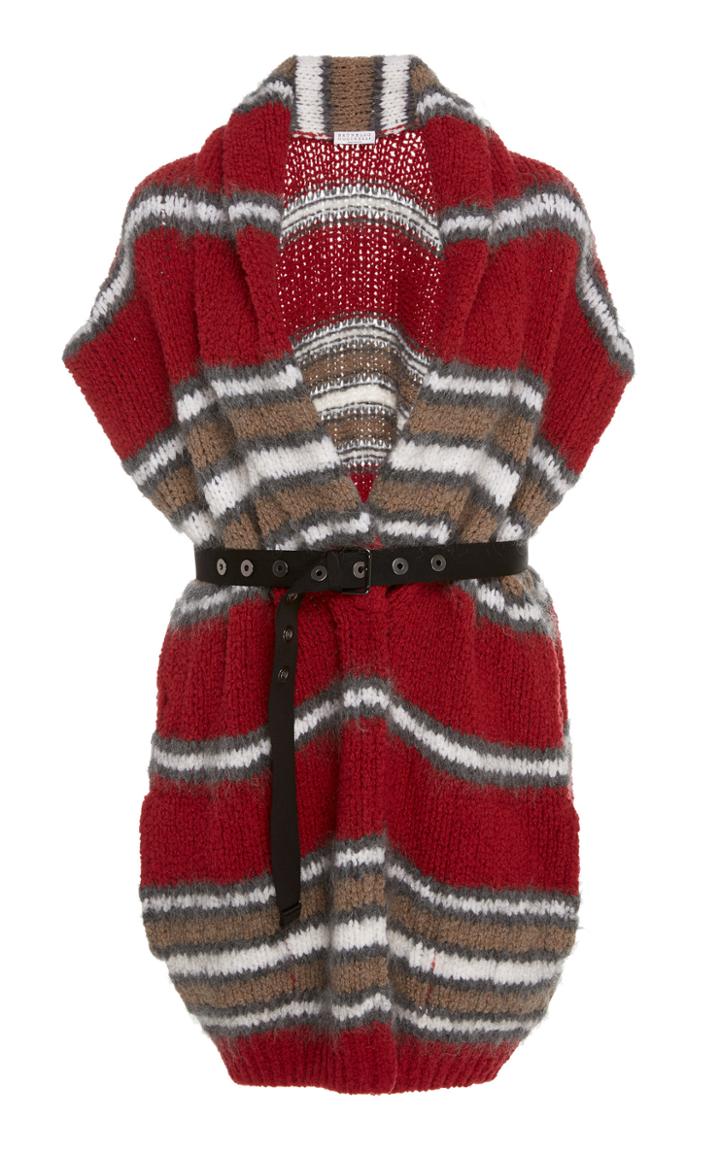 Brunello Cucinelli Belted Striped Wool-blend Cardigan