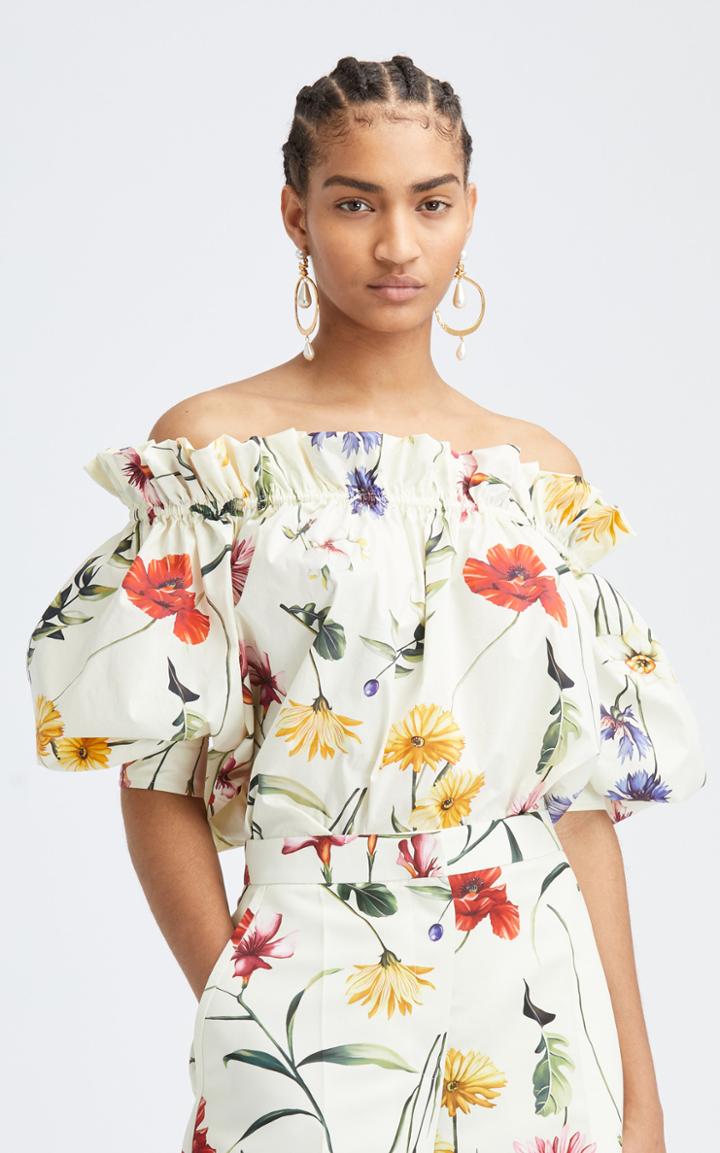 Moda Operandi Oscar De La Renta Floral Off-the-shoulder Cotton-blend Blouse