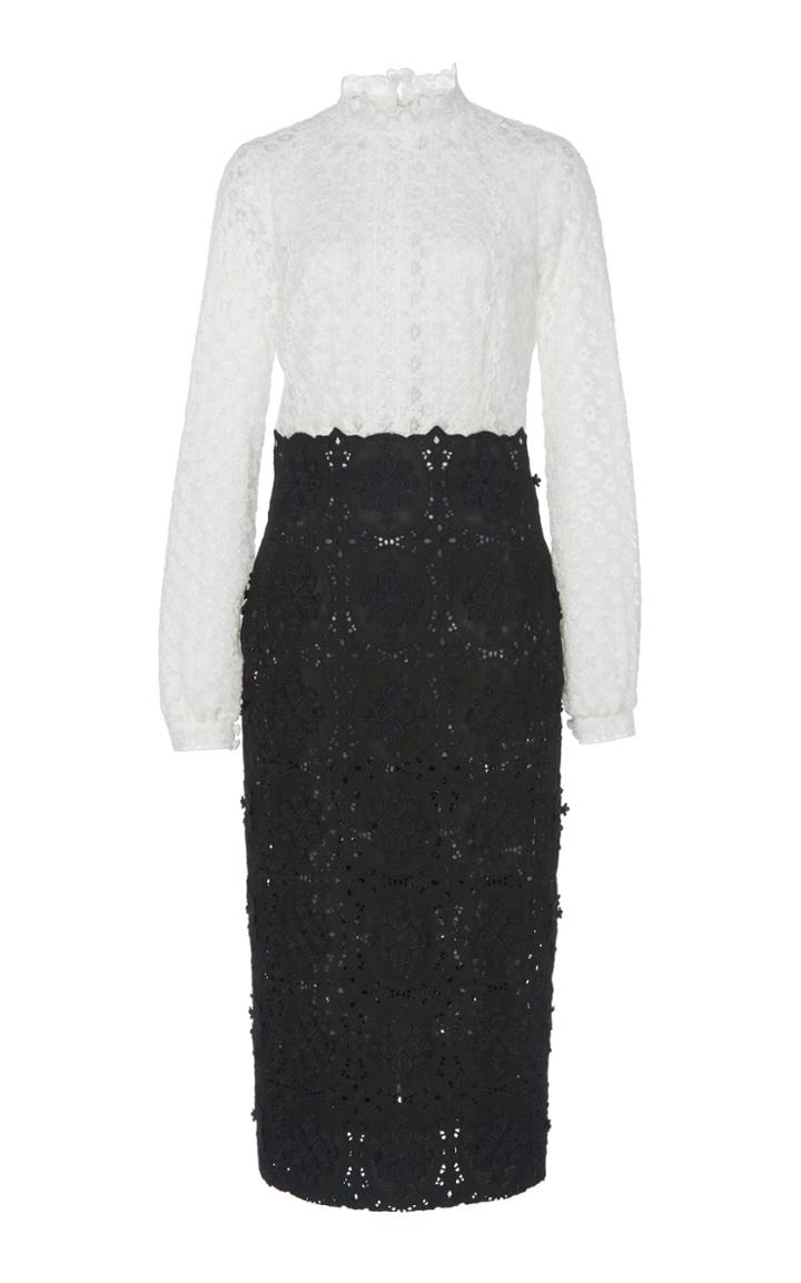 Costarellos Two-toned Embroidered Cotton Guipure Midi Dress