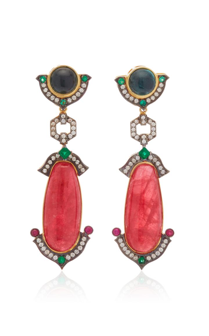 Dorion Soares 18k Gold Rhodonite Tourmaline And Diamond Drop Earrings