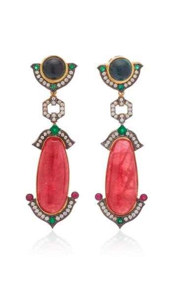 Dorion Soares 18k Gold Rhodonite Tourmaline And Diamond Drop Earrings