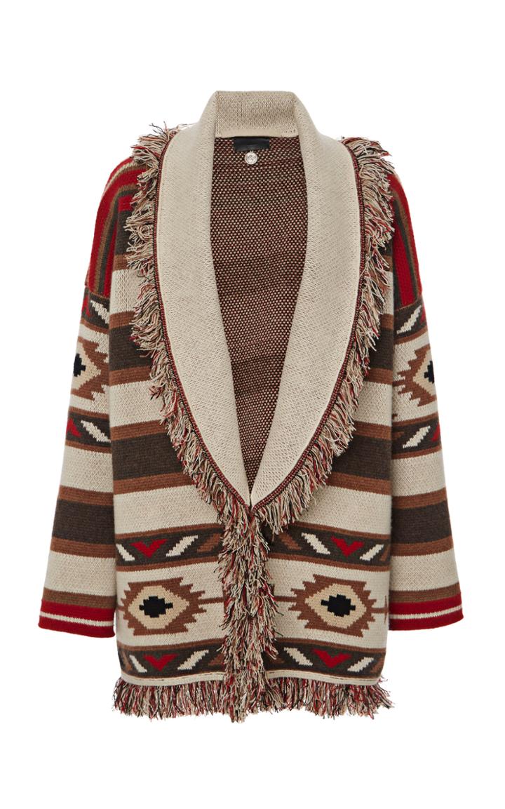 Alanui Upland Cowboy Fringed Belted Jacquard Cashmere Cardigan