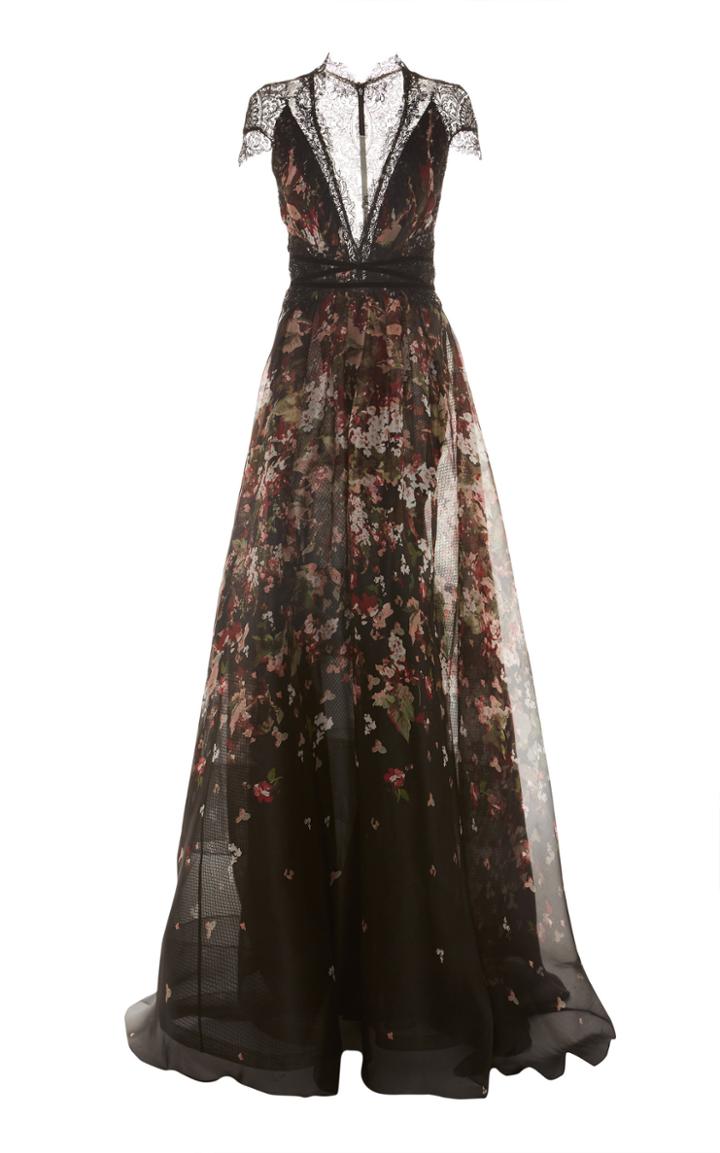 Pamella Roland Lace-trimmed Floral Print Gown